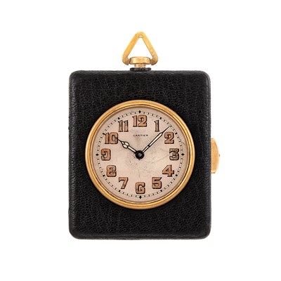 Lot 143 - Brass and Black Leather Miniature Quarter Hour Repeating Desk Clock, Cartier, European Watch & Clock Co.