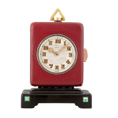 Lot 146 - Miniature Red Leather, Gutta Percha and Jade Minute Repeating Desk Clock, Cartier, France, European Watch Co., Ref. 2421
