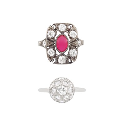 Lot 1272 - White Gold, Silver, Cabochon Synthetic Ruby and Diamond Ring and Diamond Ring