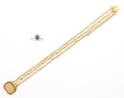 Lot 1652 - Triple Strand Gold Bracelet and Sapphire and Diamond Ring