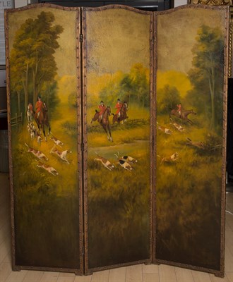 Lot 443 - Three-Panel Painted Leather Screen with...