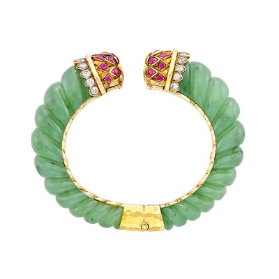Lot 318 - Fluted Nephrite, Gold, Ruby and Diamond Bangle Bracelet, David Webb