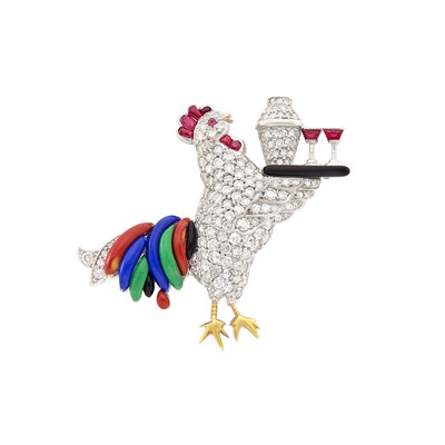Lot 520 - Platinum, Diamond, Ruby and Enamel Rooster Pin, Raymond Yard
