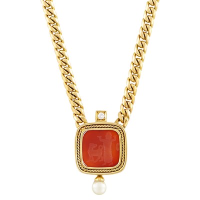 Lot 589 - Gold, Carnelian Intaglio, Diamond and Cultured Pearl Curb Link Chain Necklace