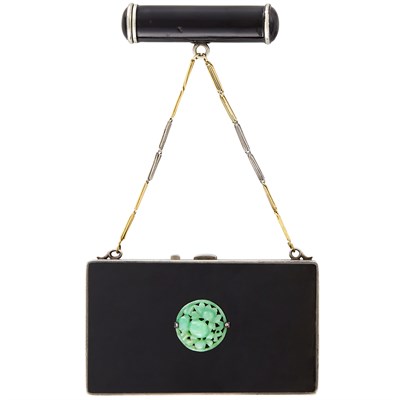 Lot 1275 - Silver-Gilt, Black Enamel and Carved Jade Compact with Lipstick Case
