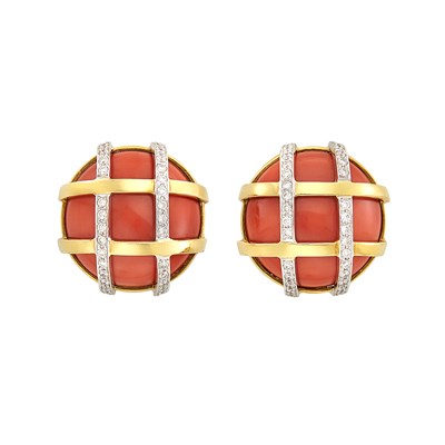 Lot 404 - Pair of Gold, Platinum, Coral and Diamond Earclips, Verdura