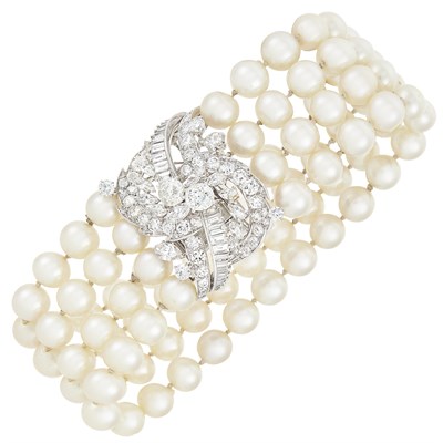 Lot 241 - Four Strand Cultured Pearl Bracelet with Platinum and Diamond Clasp, Monture Mauboussin, France