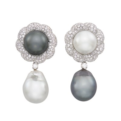 Lot 475 - Pair of Platinum, South Sea and Tahitian Gray Cultured Pearl and Diamond Pendant-Earclips, Verdura