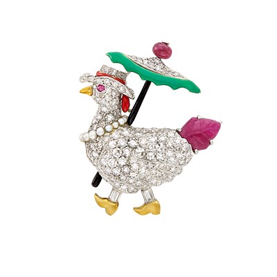 Lot 521 - Platinum, Gold, Diamond, Carved Ruby, Ruby Bead, Pearl and Enamel Hen Pin, Raymond Yard