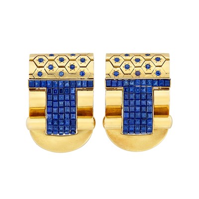 Lot 187 - Pair of Gold and Sapphire Clips, France