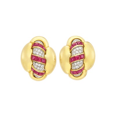 Lot 278 - Pair of Two-Color Gold, Diamond and Ruby Bombé Earclips, Andrew Clunn