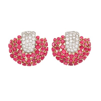 Lot 193 - Pair of Retro Rose Gold, Platinum, Diamond and Ruby Clips