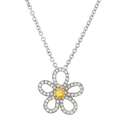Lot 110 - White Gold, Yellow Diamond and Diamond Flower Pendant and Chain