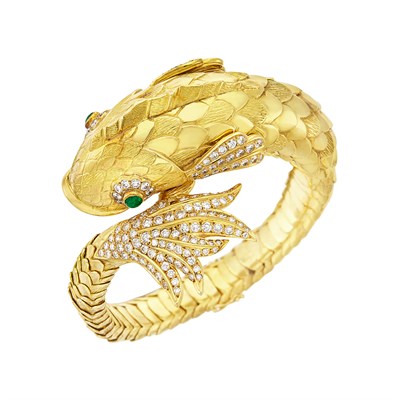 Lot 418 - Gold, Diamond and Emerald Fish Bracelet, France