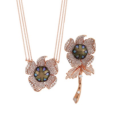 Lot 441 - Rose Gold, Unusual Tahitian Grey-Black Opal Nucleated Cultured Pearl and Diamond Pendant Necklace-Brooch