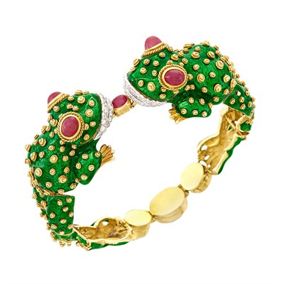Lot 66 - Gold, Platinum, Enamel, Cabochon Ruby and Diamond Double Frog Bangle Bracelet