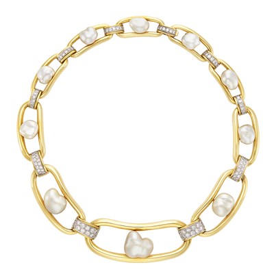 Lot 79 - Gold, Platinum, Baroque Cultured Pearl and Diamond Necklace, David Webb