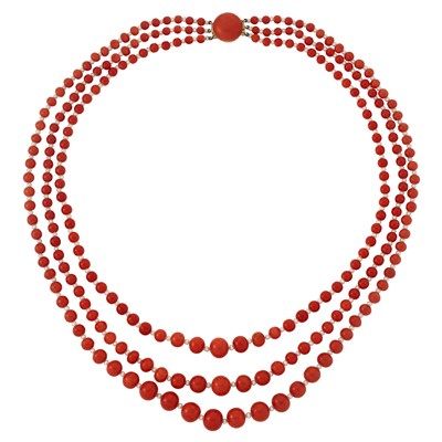 Lot 221 - Triple Strand Gold, Coral and Seed Pearl Necklace