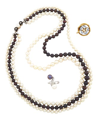Lot 1511 - Gold, Silver, Metal, Cultured Pearl, Colored Cultured Pearl, Diamond and Enamel Necklace, Ring and Pin