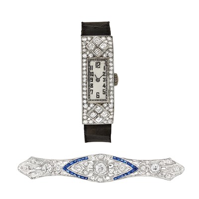 Lot 17 - Platinum, Diamond and Sapphire Bar Pin and Art Deco Platinum and Diamond Wristwatch