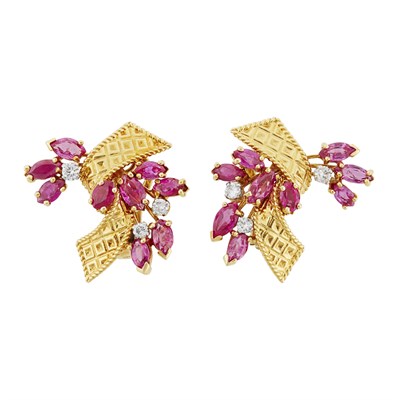 Lot 74 - Pair of Two-Color Gold, Ruby and Diamond Earclips, Kutchinsky