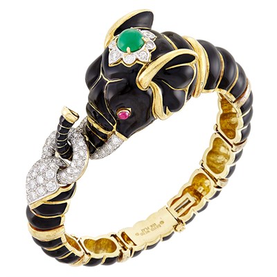 Lot 403 - Gold, Platinum, Black Enamel, Diamond and Cabochon Colored Stone Elephant Bracelet, David Webb