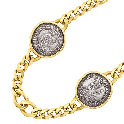 Lot 294 - Long Gold and Silver Coin Curb Link Chain Necklace, Bulgari