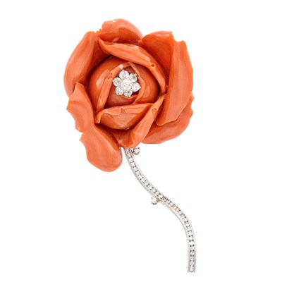 Lot 55 - Platinum, Gold, Carved Coral and Diamond Rose Brooch