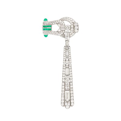 Lot 496 - Art Deco Platinum, Diamond and Emerald Lapel-Watch, Verger Frères, France, Gubelin, Vacheron & Constantin