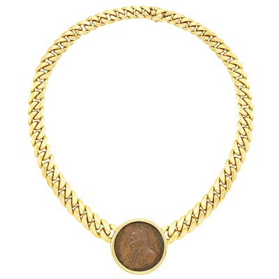 Lot 139 - Gold and Bronze Coin Curb Link Chain Necklace, Bulgari