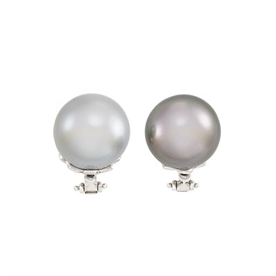 Lot 465 - Pair of Platinum, White Gold and Bicolored Tahitian Gray Cultured Pearl Earclips