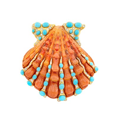 Lot 16 - Gold, Orange Shell, Turquoise and Diamond Clip-Brooch, Verdura
