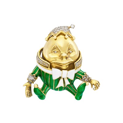 Lot 1191 - Gold, Enamel and Diamond 'Humpty Dumpty' Clip-Brooch