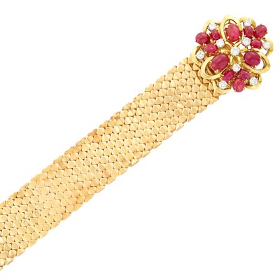 Lot 276 - Gold, Cabochon Ruby and Diamond Slide Bracelet, France