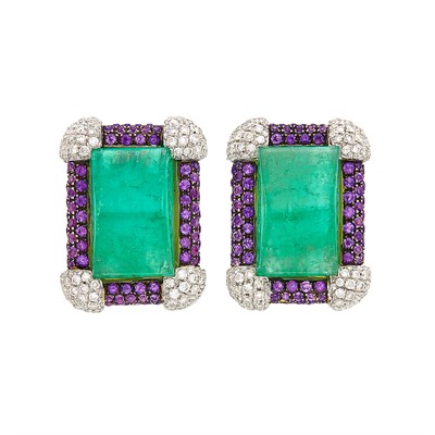 Lot 211 - Pair of Gold, Platinum, Cabochon Emerald, Amethyst and Diamond Earclips, Michele della Valle
