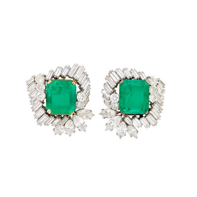 Lot 222 - Pair of Platinum, Gold, Emerald and Diamond Earrings