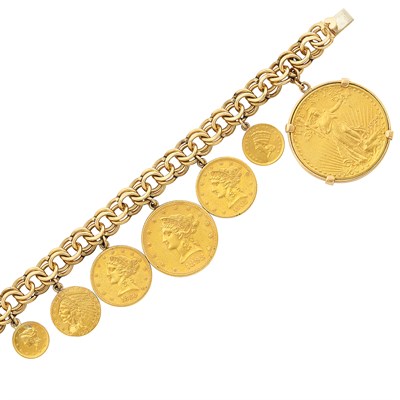 Lot 288 - Gold and U.S.  Gold Coin Charm Curb Link Bracelet