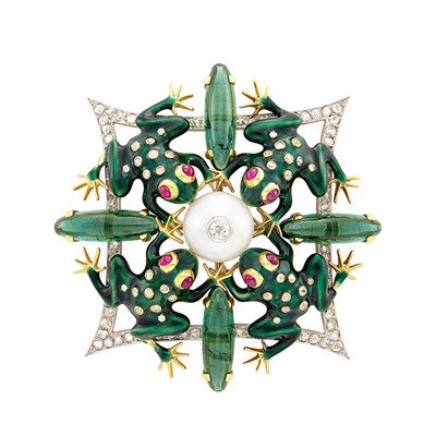 Lot 1503 - Gold, Platinum, South Sea Cultured Pearl, Enamel, Diamond, Cabochon Tourmaline and Ruby Frog Brooch