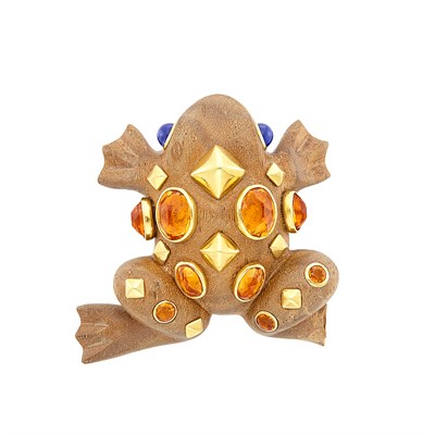 Lot 138 - Carved Wood, Gold, Citrine and Cabochon Sapphire Frog Clip-Brooch, Seaman Schepps
