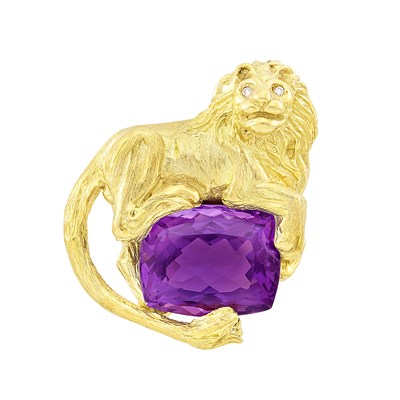 Lot 382 - Gold, Amethyst and Diamond Lion Brooch, Boris LeBeau