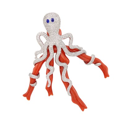 Lot 60 - Oxblood Branch Coral, Platinum, Diamond and Cabochon Sapphire Octopus Clip-Brooch, Sophia D.
