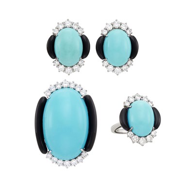 Lot 72 - Group of White Gold, Turquoise, Diamond and Black Onyx Jewelry