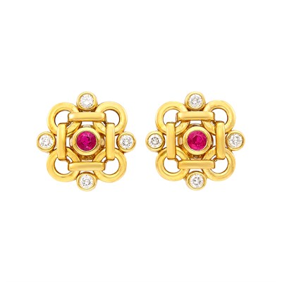 Lot 416 - Pair of Gold, Ruby and Diamond Earclips