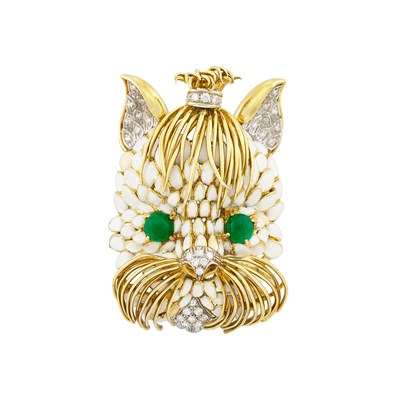 Lot 219 - Gold, Enamel, Cabochon Emerald and Diamond Dog Clip-Brooch