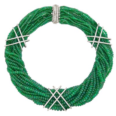 Lot 212 - Multistrand Emerald Bead, White Gold and Diamond Torsade Necklace