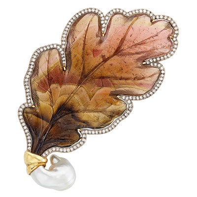 Lot 102 - Carved Watermelon Tourmaline, Two-Color Gold, Baroque Cultured Pearl and Diamond Leaf Brooch, Elizabeth Gage