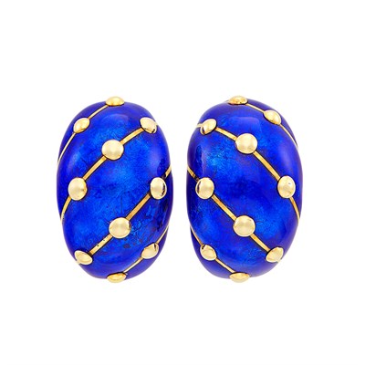 Lot 128 - Pair of Gold and Blue Paillonné Enamel Earclips, Tiffany & Co., Schlumberger, France
