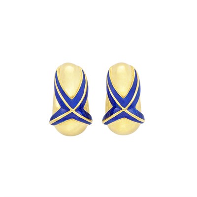 Lot 375 - Pair of Gold and Blue Enamel Earclips