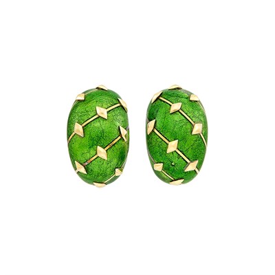 Lot 131 - Pair of Gold and Green Paillonné Enamel Earclips, Tiffany & Co., Schlumberger, France