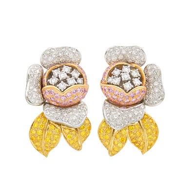Lot 348 - Pair of Tricolor Gold, Diamond and Colored Diamond Flower Earclips